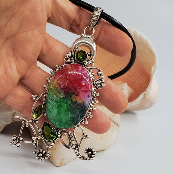 Rainbow Agate/Peridot Stone Silver 925 Pendant - Picture 6 of 6